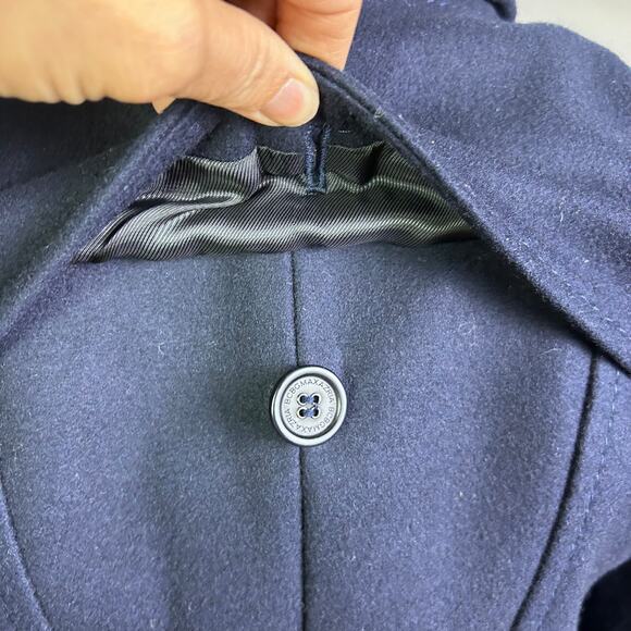 BCBG MaxAzria coat XS Pea Coat Military Ruffle Regal Royal Wool Spy Blue Trench - Picture 12 of 16